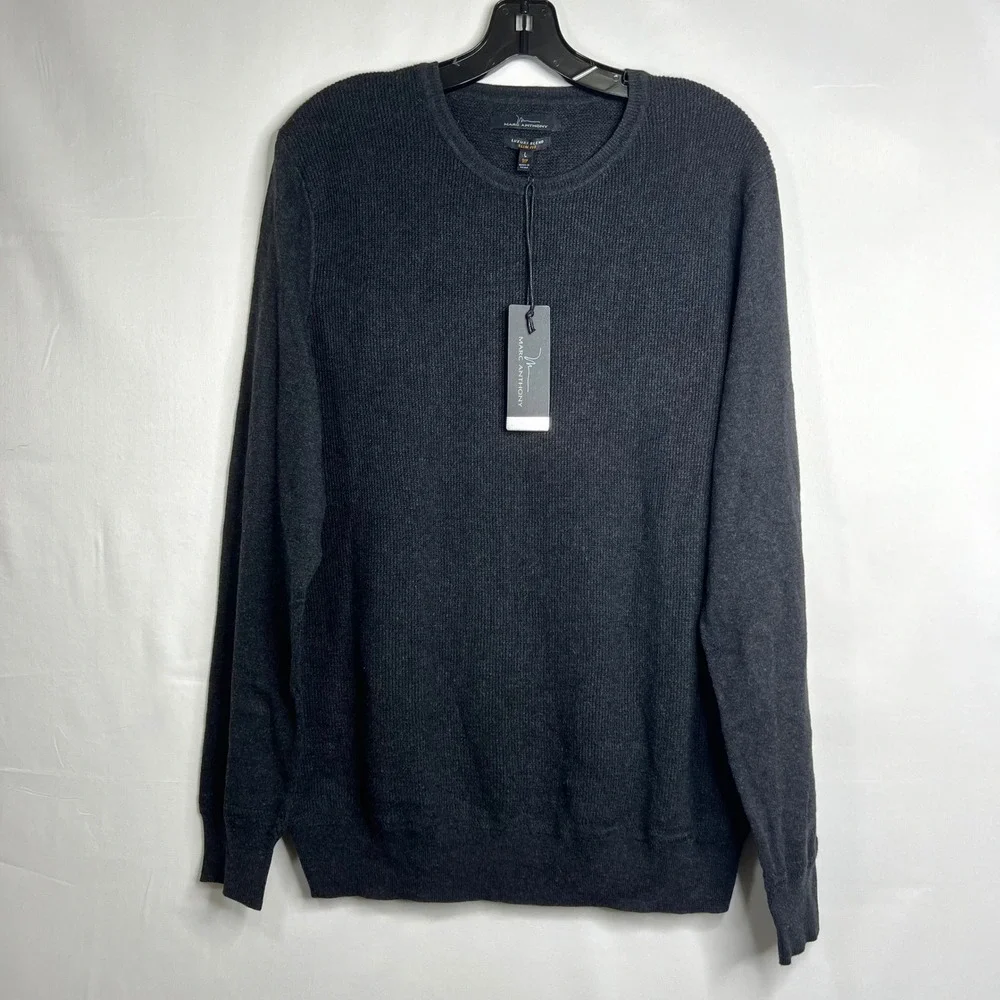 Marc Anthony Charcoal Crewneck Sweater Mens Large Slim Fit Luxe Tuck Stitch Crew